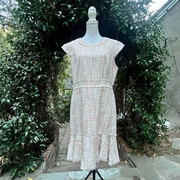 NANETTE LEPORE PASTEL TWEED FRAYED EDGE FLOUNCE DRESS PINK COPPER THREAD SIZE 16 - Picture 11 of 16